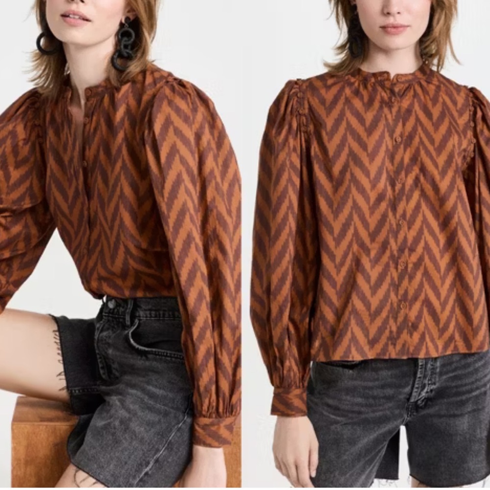 Ulla Johnson Blouse Top Herringbone Motif Button Down Size 2